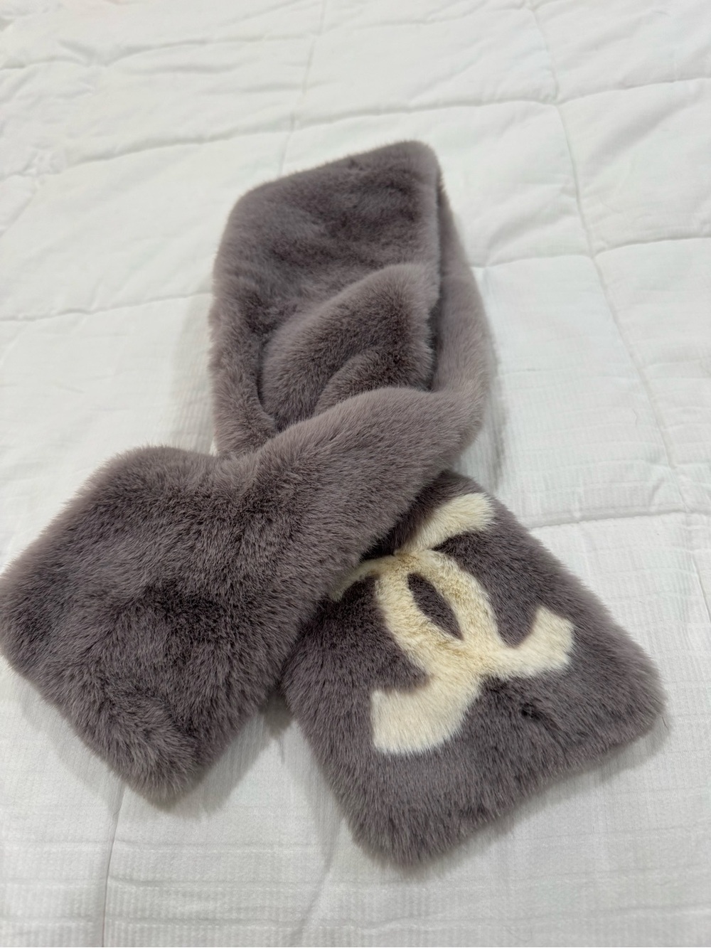 Gray Faux Fur Scarf with White Logo Accent